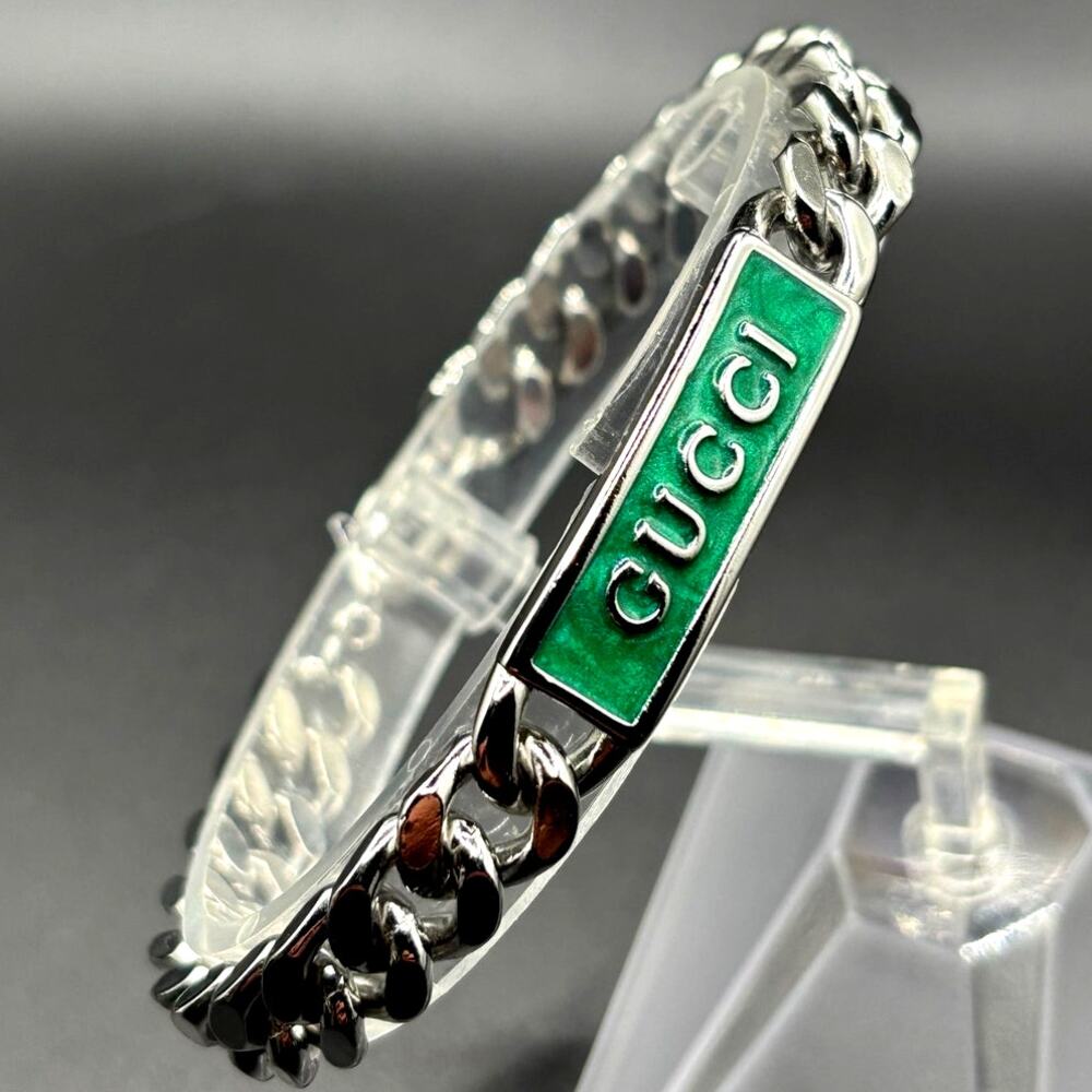 Gucci Sterling Silver Turquoise Enamel Logo ID Unisex Bracelet 7.5 NIB